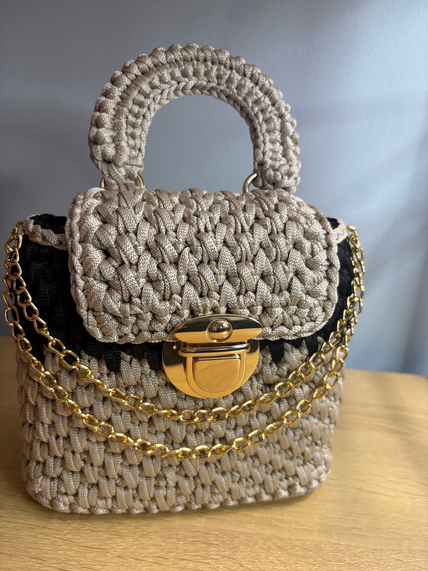 Black & Beige Clutch Handbag, Crochet Handbag, clutch