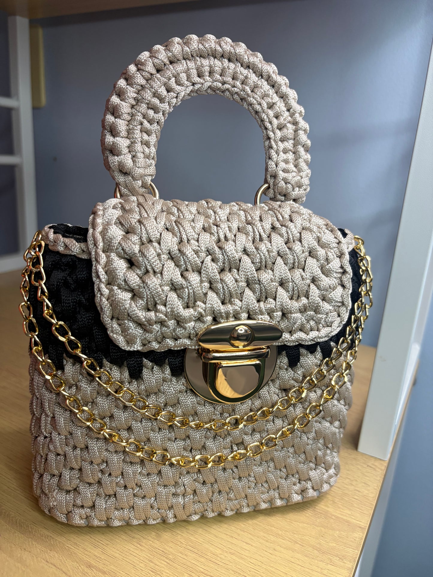 Black & Beige Clutch Handbag, Crochet Handbag,  clutch