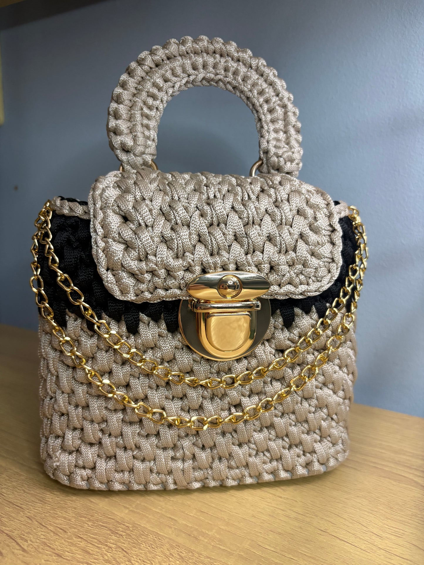 Black & Beige Clutch Handbag, Crochet Handbag,  clutch