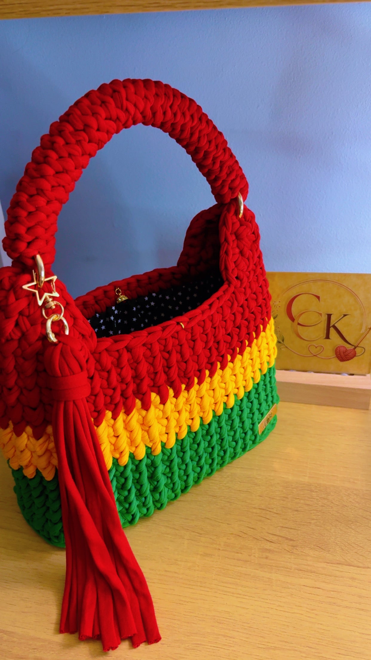 African Handbag, Crochet Handbag, Green, Red & Yellow Bag